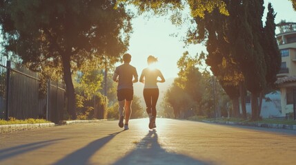 Fototapeta premium Couple jogging at sunrise on a tree-lined road.