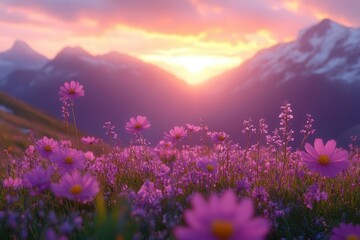 Naklejka premium vibrant sunset over alpine valley wildflowers swaying in breeze snowcapped peaks glowing pink and orange dramatic clouds