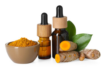 Bottles of turmeric essential oil, powder, raw roots and leaves isolated on white