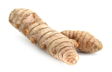 Two fresh turmeric roots isolated on white
