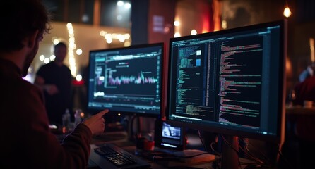 Programmer coding, analyzing data, night event, blurry background