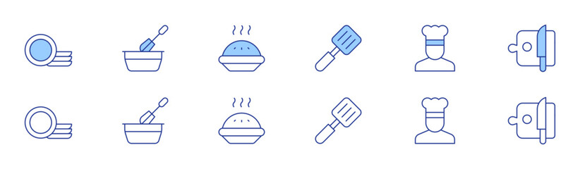 Cooking icon set in two styles, Duotone and Thin Line style. Editable stroke. clean dishes, cooker, cooking, chef, apple pie