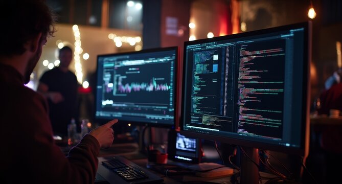 Programmer coding, analyzing data, night event, blurry background