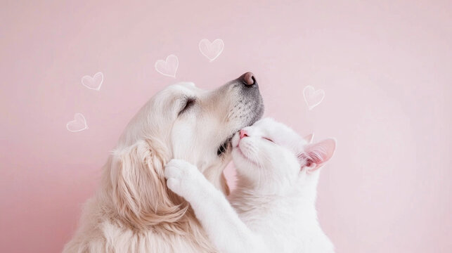 St Valentines Day postcard, Cat and dog hugging each other on color background with drawn hearts