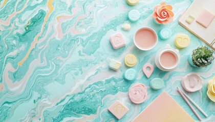 Aesthetic flat lay of marketing strategy icons and pastel items