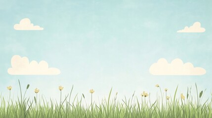 Obraz premium Sunny meadow, blue sky, fluffy clouds; spring background