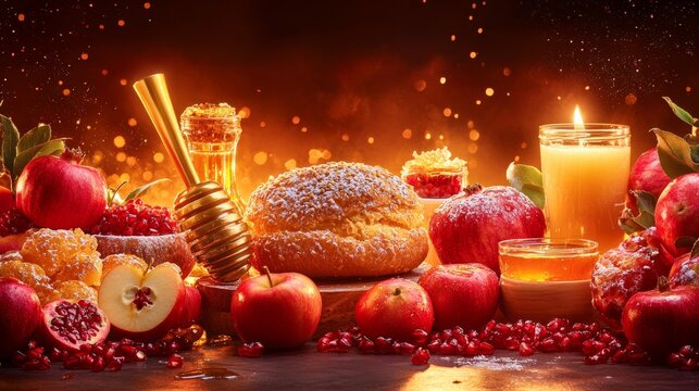 Traditional jewish new year celebration setting with golden shofar apples honey and pomegranate for rosh hashanah atmosphere