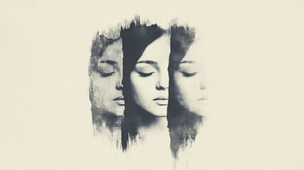 Fototapeta premium Triple portrait, woman, serene, faded, artistic, mind, mental health