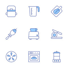 Cooking icons set. Line Duotone style, editable stroke. cutting, measuring cup, pot, board, fish, oven, sea urchin, toaster