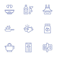 Cooking icons set. Thin Line style, editable stroke. apron, coal, cooking, egg, frying pan, grinder, olive oil, pie, recipe
