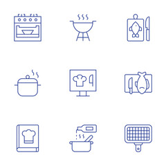 Cooking icons set. Thin Line style, editable stroke. barbecue, computer, cooking, cutting board, fish, grate, oven, pot, recipe book