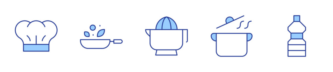 frying pan, cooking oil, grinder, chefs hat, cooking. Cooking Icon vector illustration. Line Duotone style. Editable stroke