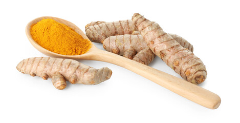 Turmeric powder in spoon and roots isolated on white