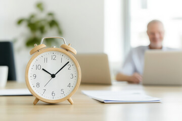 Alarm clock focus with blurry office background for productivity concepts