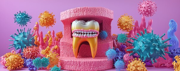 Naklejka premium A colorful, whimsical illustration depicting a tooth surrounded by vibrant, abstract representations of bacteria and viruses on a pink background.
