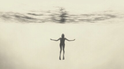 Underwater swimmer, serene ocean, calm surface, peaceful scene, meditation