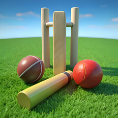 Cricket Wicket and Bat on Grass Field