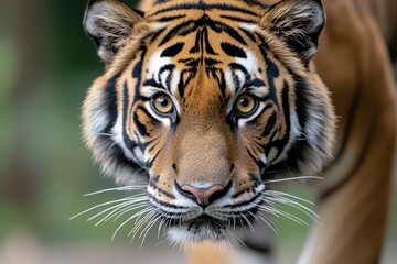Fototapeta premium A captivating close-up shot of a tiger showcasing its intense gaze and striking fur pattern, embodying the grace and raw power of this magnificent wildlife species.