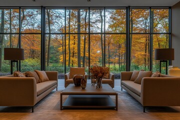 Obraz premium Autumnal Forest View: Modern Living Room Design with Floor-to-Ceiling Windows, Neutral Sofa & Coffee Table Decor