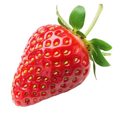 Fresh red strawberry with green leaves, showcasing its vibrant color and texture. Perfect for desserts, smoothies, or healthy snacks