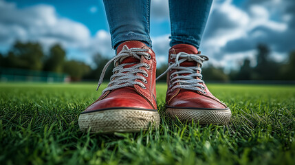 Worn Red Sneakers on Green Grass in Outdoor Setting