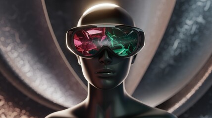 A dark mannequin wears futuristic goggles with fragmented, red and green lenses against a metallic background.
