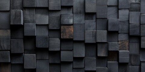 Intricate Arrangement of Dark Gray and Black Wooden Cubes Forming a Textured Surface Design for Artistic and Modern Interiors