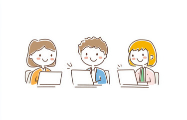 Three cheerful people collaborating on laptops in a modern workspace