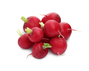 Many fresh ripe radishes isolated on white