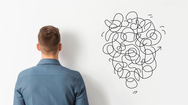 Man standing in front of wall with chaotic lines representing confusion and decision making struggles. image captures feeling of being overwhelmed by choices