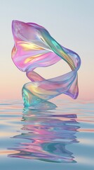 Fototapeta premium Above serene water surfaces, a holographic ribbon glides gracefully, showcasing an interplay of radiant colors and reflections, creating a captivating digital artwork that enchants the eye