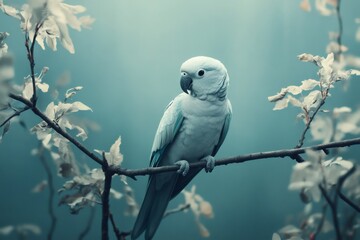 White parrot perching on branch with pale leaves in misty forest