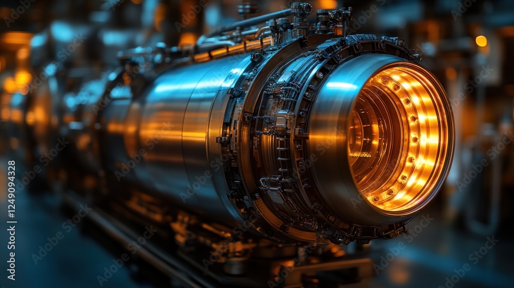 Fototapete Close-up of a powerful jet engine with glowing components.