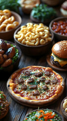 Assorted Food Dishes On Wooden Table