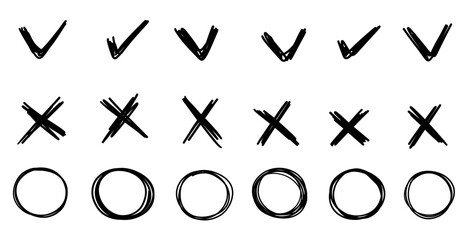 Check mark wrong approved symbols set. doodle sketchy style collection for business, simple naive style