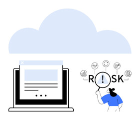 Laptop screen beneath a cloud symbol and person analyzing the word risk with magnifier. Ideal for technology, cloud computing, cyber security, risk management, data analysis, online safety, abstract
