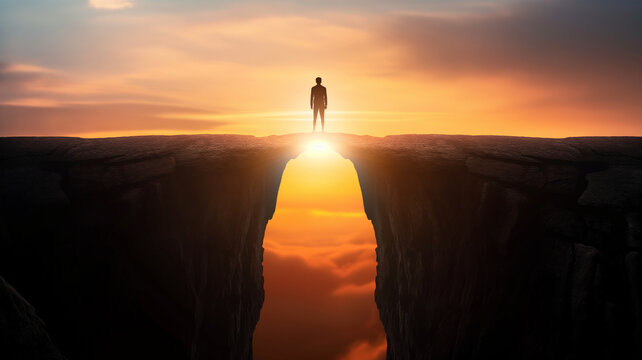 person stands on cliff edge at sunset, symbolizing achievement and hope. breathtaking view evokes sense of accomplishment and possibility