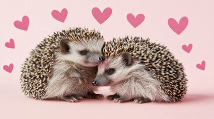 Obraz premium Hedgehogs hugging with hearts on soft pastel background, St Valentines Day postcard