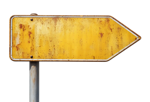 Rusty yellow metal arrow sign pointing to the right isolated on white and transparent background.