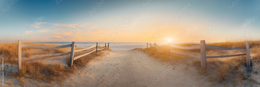 Poster panoramic view of a sandy path leading to a beautiful ocean beach at sunset, passing through wooden 