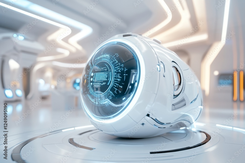 Poster A 3D-rendered modern laboratory with floating holographic data screens displaying an ongoing experiment