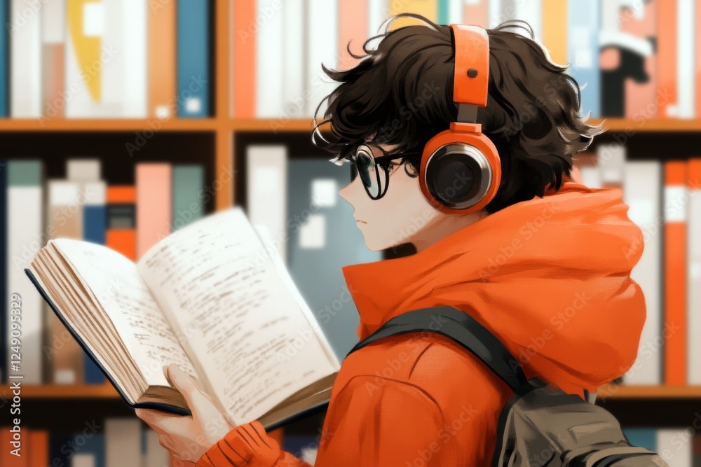 Poster A 8-bit pixel art of a character in a tiny library, searching through pixelated reference books on a wooden shelf