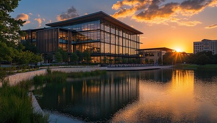 Fototapeta premium Modern Glass Building Reflects Sunset's Golden Hues over Calm Water, Stunning Architectural Design at Dusk