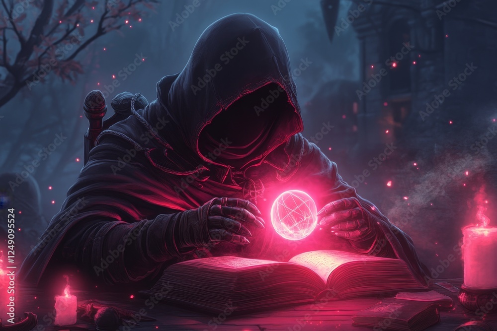 Aufkleber A 8-bit pixel art of a character selecting a quest topic from a glowing menu in a retro RPG game
