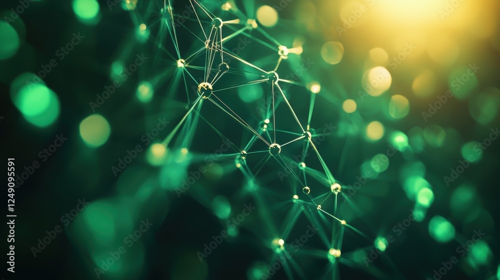 Poster dark green background with glowing lines and geometric shapes creating an abstract network design fo