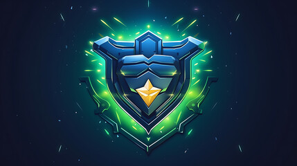Glowing shield award, game achievement, dark background, digital art, gaming