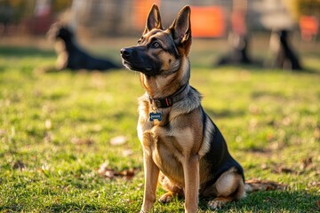 Obraz premium German shepherd dog sitting in park looking away