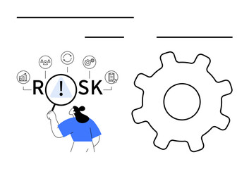 Person examining risk factors with magnifying glass and icons alongside a gear symbol. Ideal for business planning, risk management, problem-solving, operations, strategy, decision-making, abstract