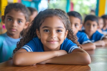 Smiling latin schoolgirl leaning on desk with classmates in background