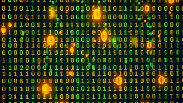 Abstract digital binary code in green against red-orange background, concept of technology, complexity, data

